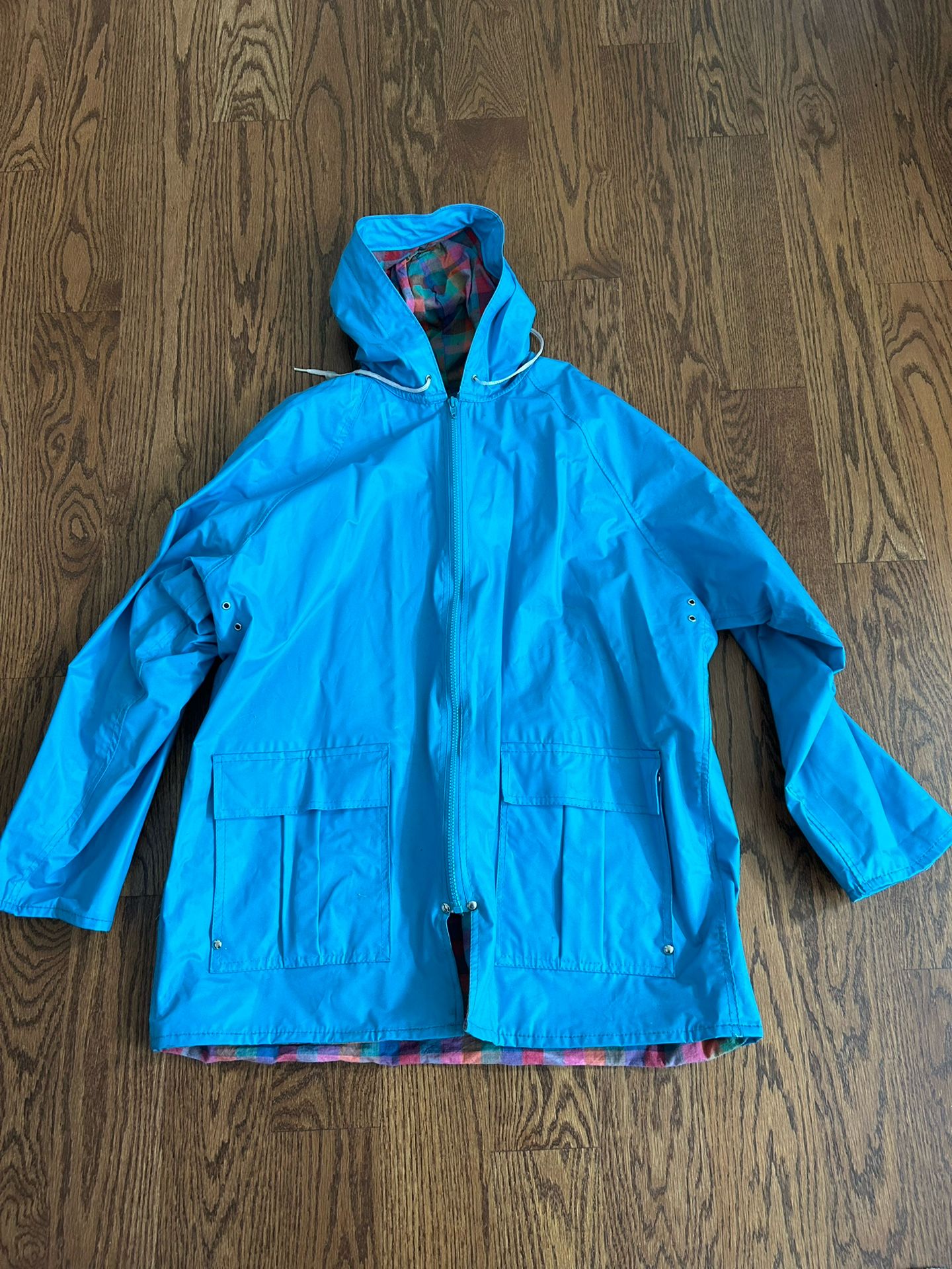 Misty Harbor Anytime Jacket Plaid Lined Slicker Raincoat Women’s Large Aqua Plaid