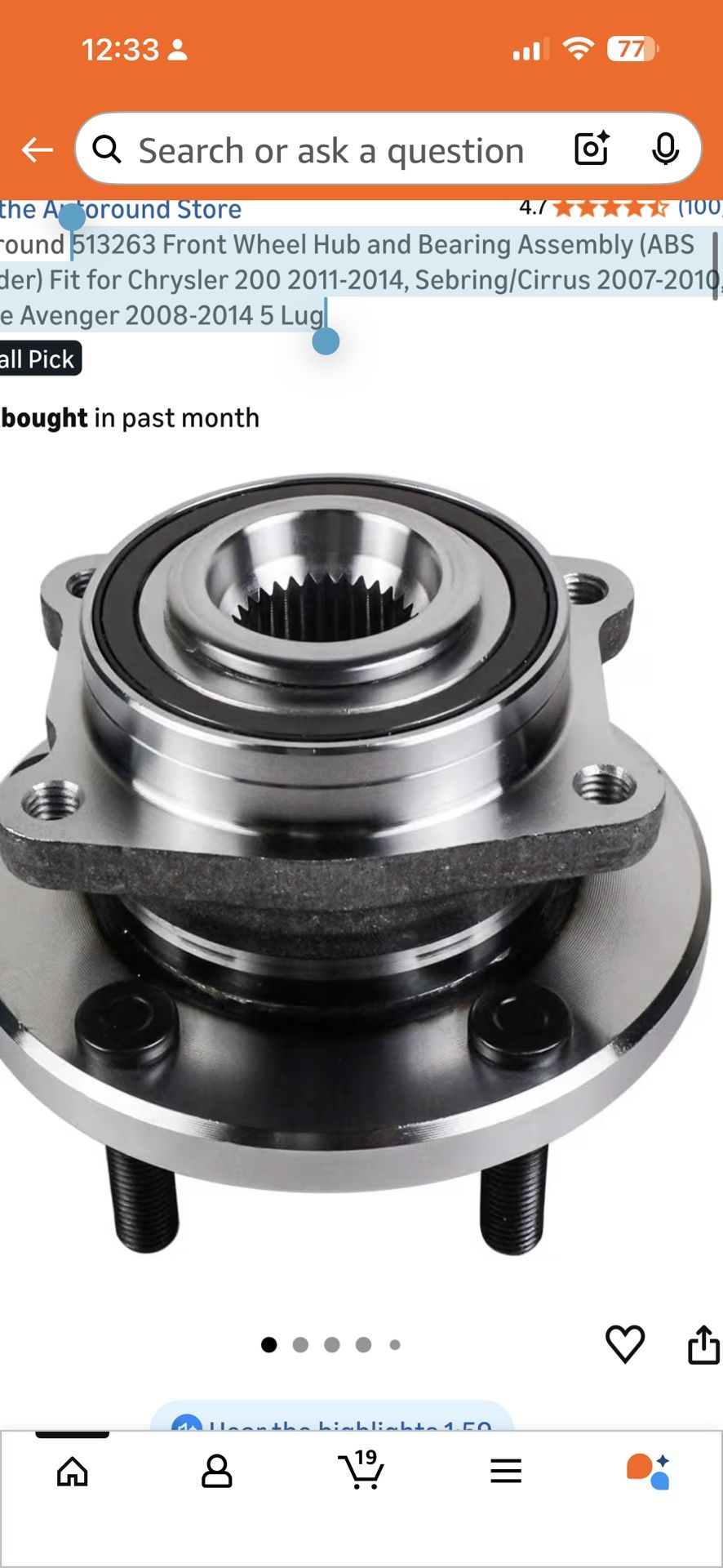 513263 Front Wheel Hub and Bearing Assembly (ABS Encoder) Fit for Chrysler -2014, Sebring/Cirrus 2007-2010, Dodge Avenger 2008-2014 5 Lug