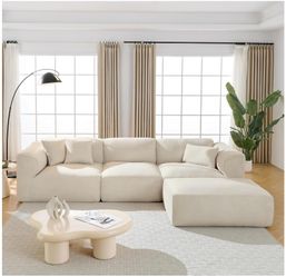 Chino--Luxury Living Room Double-Needle Cut Velvet Sofa, 4-Seater with Pure Sponge Seat Cushions, A Detachable Footstool and 3 Throw Pillows, L Shaped