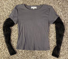 Juniors grey shirt with black lace sleeves- size M