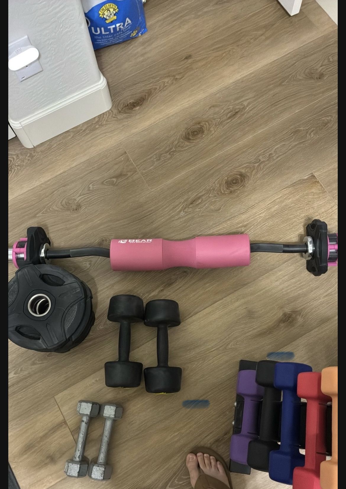 Curl Bar, Weights, and Yoga Step