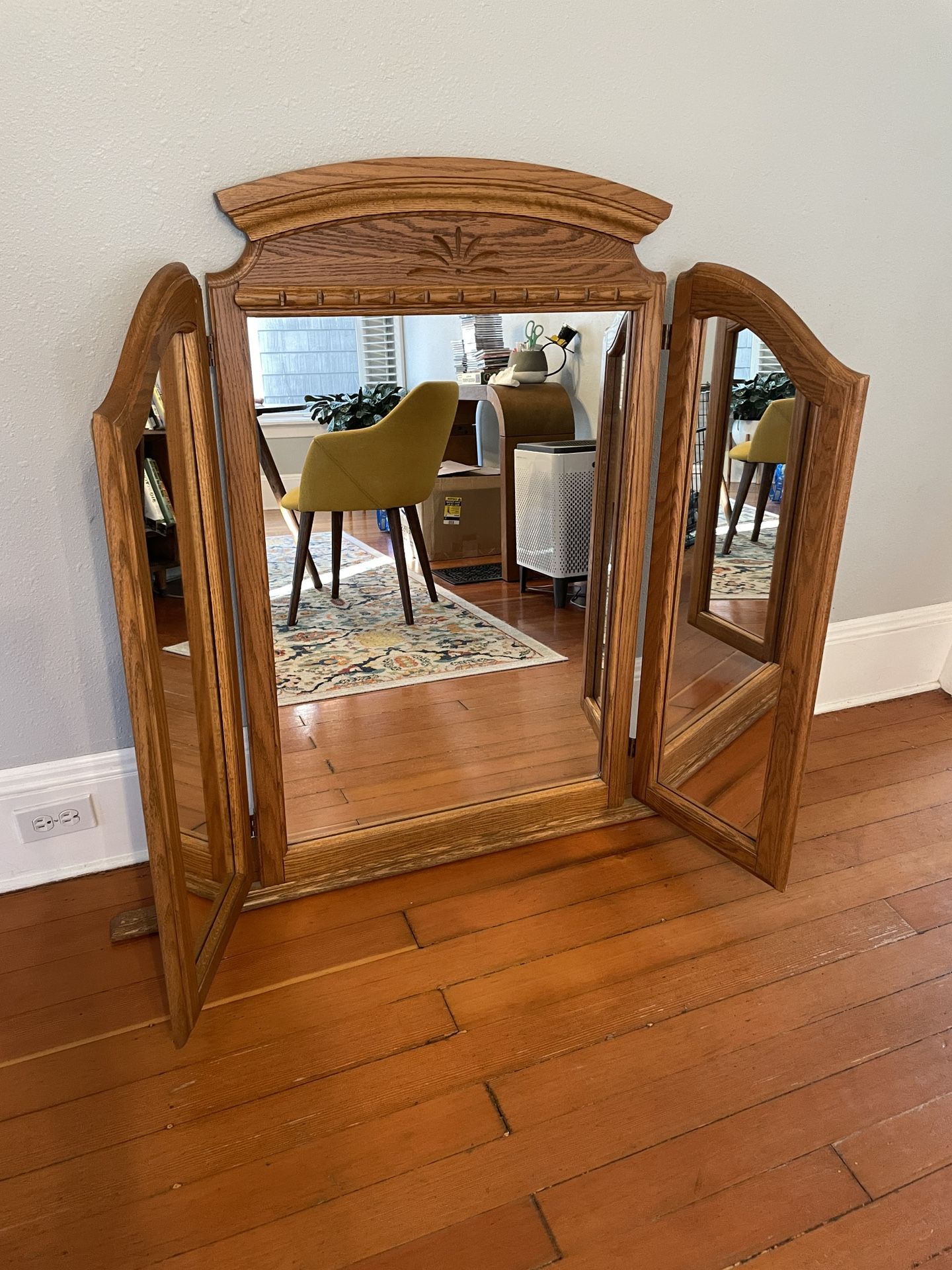Vintage Tri Fold Wooden Mirror