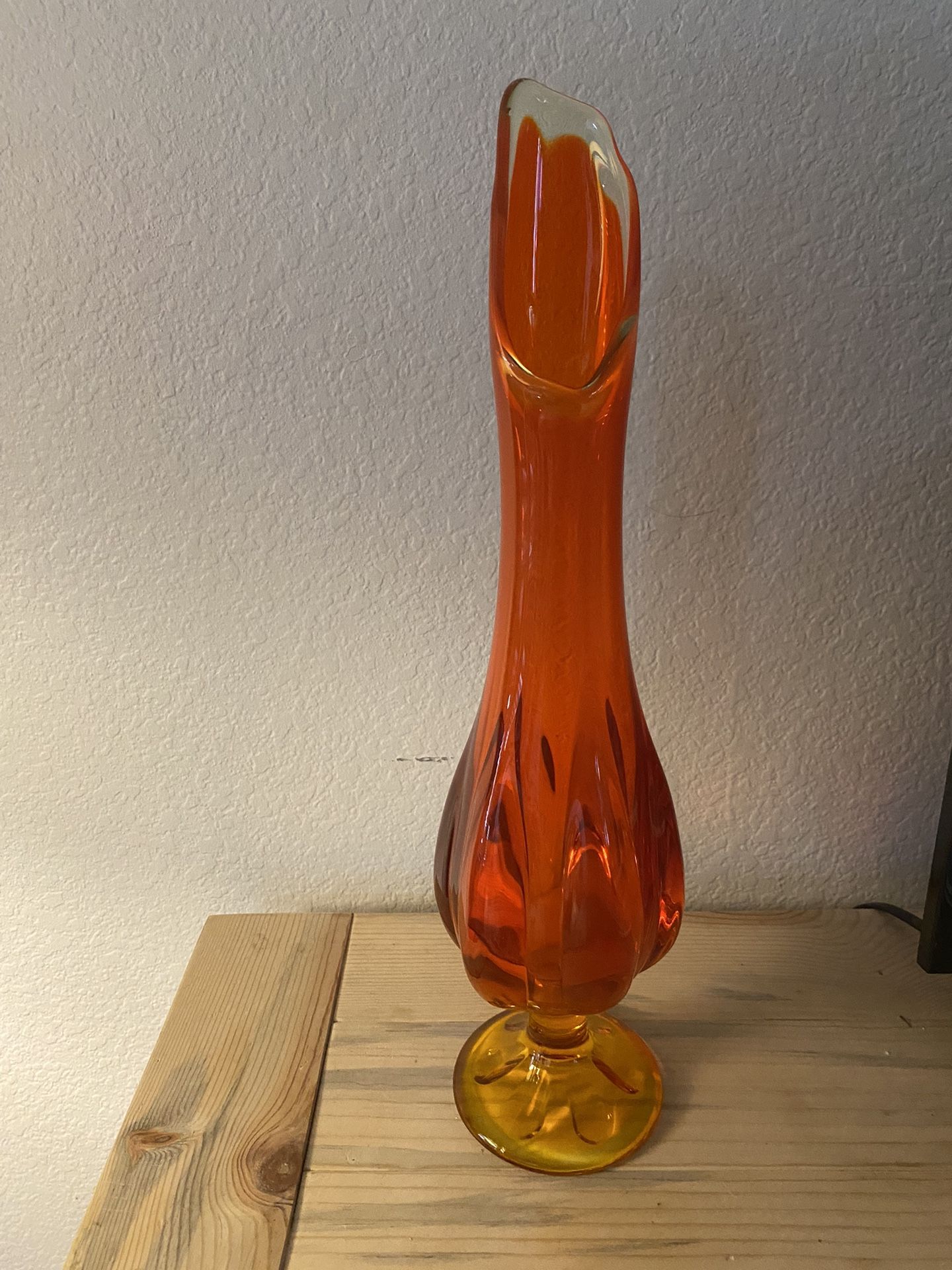 Vintage Viking Glass 17" Persimmon Orange Epic Six Petal Swung Vase Mid Century