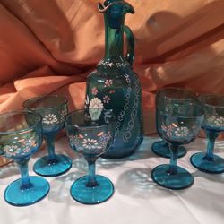 Vintage Bohemian Style Decanter And Six Glasses