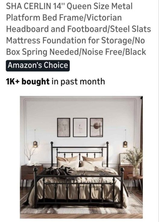 14" Queen Size Metal Platform Bed Frame Victorian Headboard And Footboard Steel Slats Mattress Foundation For Storage, No Box Spring Needed 
