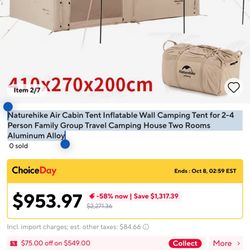 Open box Naturehike Air Cabin Tent Inflatable Wall Camping Tent for 2-4 Person Family Group Travel Camping House Two Rooms Aluminum Alloy, missing air