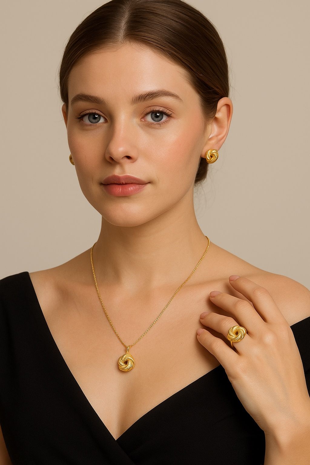 Gold Tone Knot Jewelry Set - Necklace, Ring, Earrings
