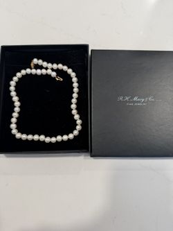 Pearl Necklace 15in - R.H. Macy & Co., 14K Stamped Clasp, Original Box