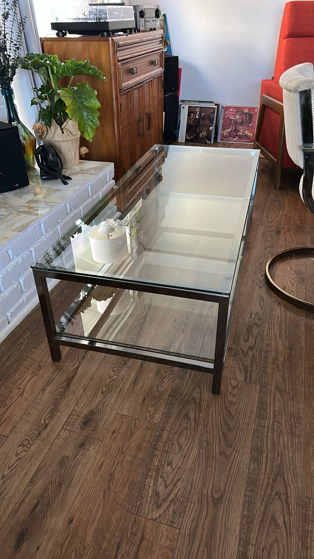 Glass and dark chrome, coffee table