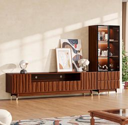 102'' Finish Entertainment Center for 55-75 inch TV with Bookshelves,78'' TV Stand and Glass Display Cabinet Set , Walnut