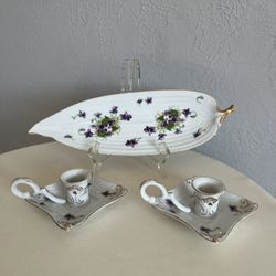 Vintage 1960s Norcrest Sweet Violets Fine China Candleholders and Trinket Dish Set Made in Japan