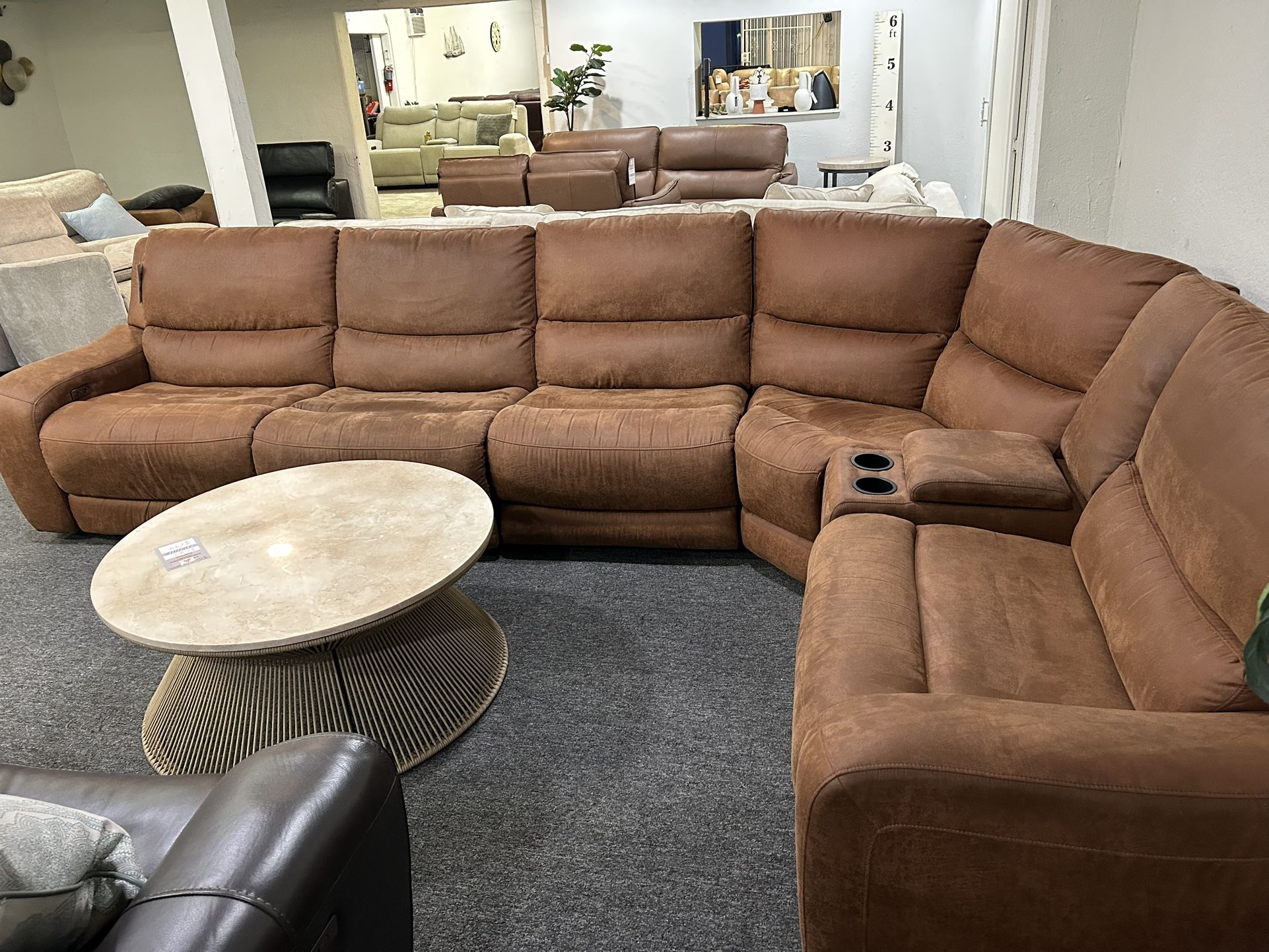 Furniture- 6 Pc High Performance Fabric Sectional With 3 Power Recliners- Tanico