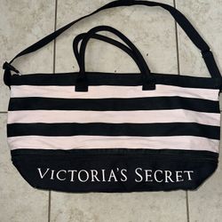 Victoria's Secret Expandable Weekender Tote Bag Pink/Black Stripe Shoulder Strap