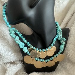 EUC Chico's Turquoise Nuggets and Gold Discs Adjustable Statement Necklace 
