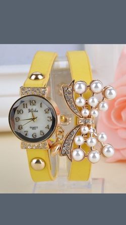 Yellow leather pearl and rhinestone infinity watch