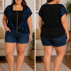 Plus Size Blue & Black Lace Draped Wrap-Neckline Top – Short Sleeve