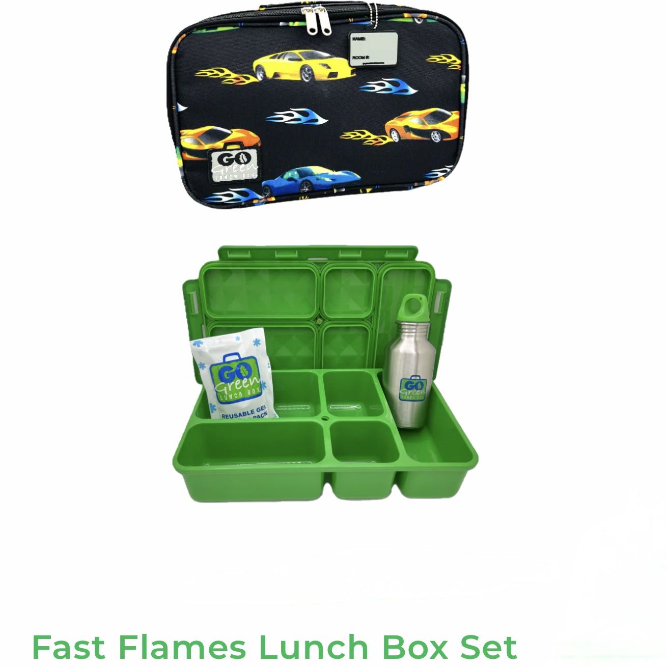 Lunch Box Set with Bento Box & Cover, Water Bottle & Ice Pack | Fast Flames Cars Pattern