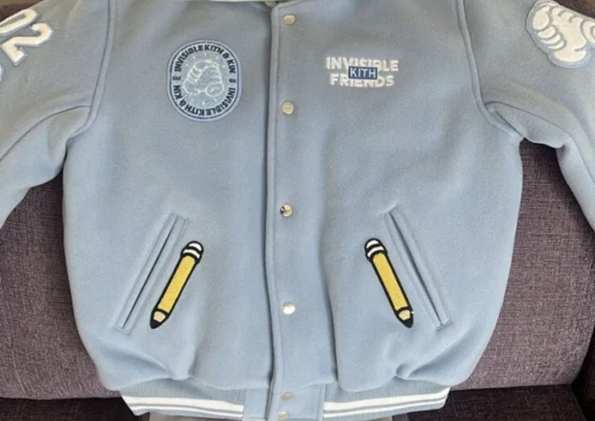Kith x Invisible Friends Wool Varsity Bomber Jacket Light Blue