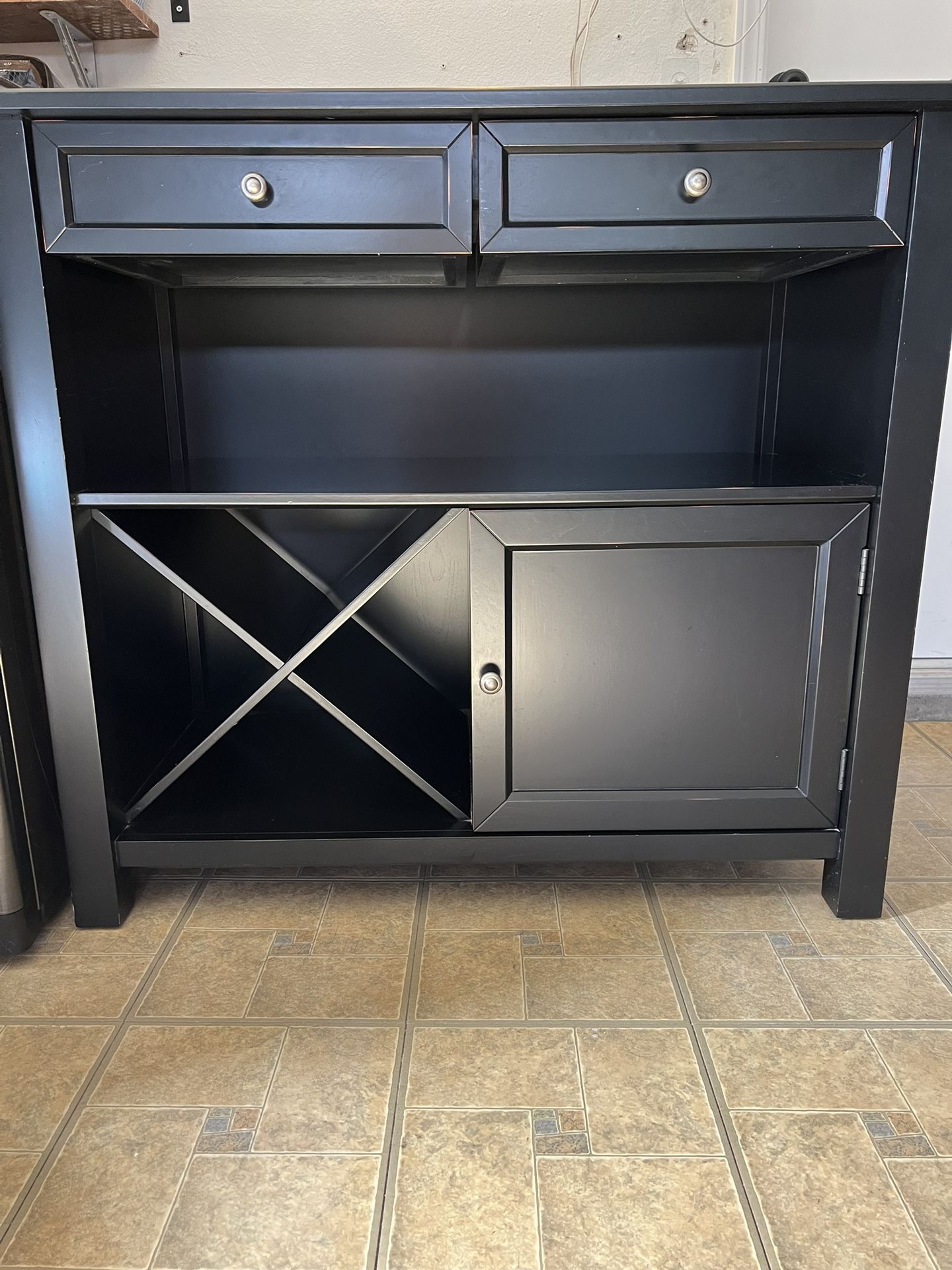 Pottery Barn Black Wood Console Table Bar With Wine Rack & Cabinet