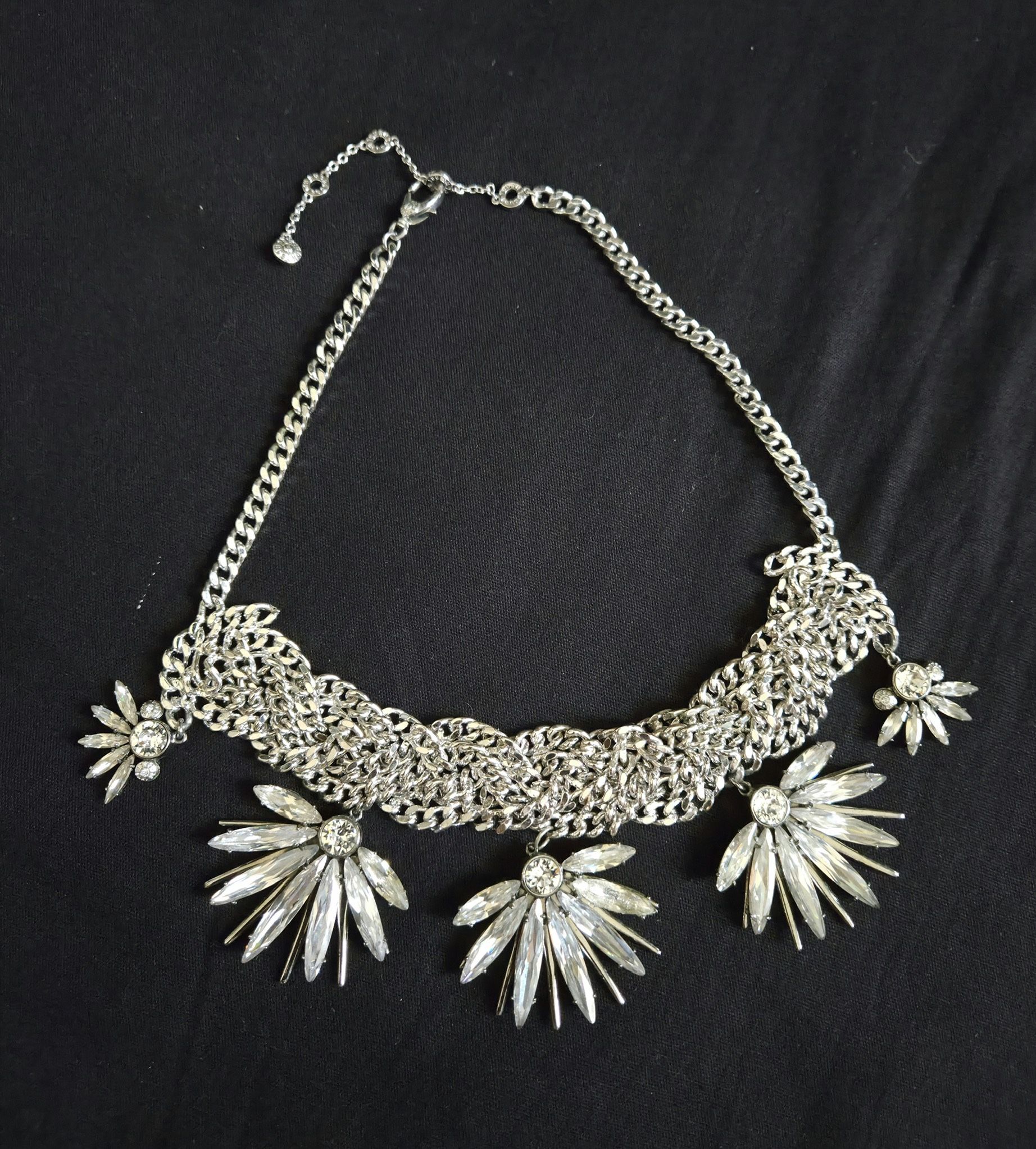 Vtg Henri Bendel Crystal & Silver Tone Choker Necklace High Neck 16"-19" Long
