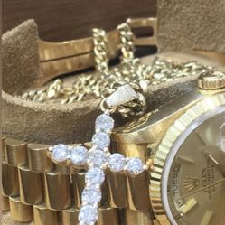 14K Solid Cuban link Chain With Diamond Pendant