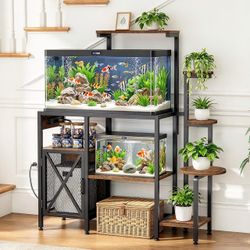20-29 Gallon Aquarium Stand with Plant Shelf & Power Outlet Fish Tank Stand with Adjustable Shelves, Terrarium Stand for Living Room or Office,Rustic