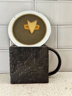 Set of 2 Star Trek Collectibles Memorabilia: Borg Ship Mug & Communicator Badge
