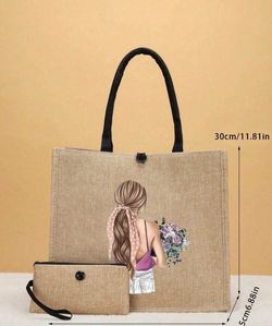 2 Pieces/Set Simple Floral Letter Printed Linen Tote Bag, Simple, Cosmetic Wallet, Large Capacity Cosmetic Bag, Multifunctional Portable Handbag, Line