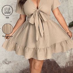 SHEIN Plus Apricot Dress Tie Up Casual Dress 