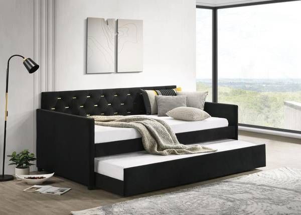Modern Twin Daybed and Trundle Upholstered in Black Velvet!...