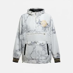 Reason NYC Marble Print Hooded Anorak Windbreaker Jacket Men’s L White Gold Mesh