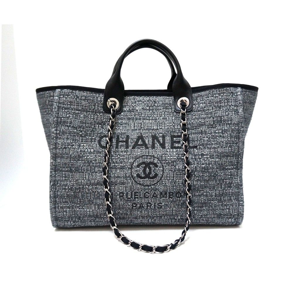 Chanel gray canvas tote bag shoulder hand bag