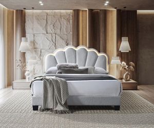Frame Queen Grey Teddy Bear Fabric, LED Light Headboard. ew Especial price