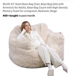 WLIVE 43" Giant Bean Bag Chair, Bean Bag Sofa with Armrests for Adults, Bean Bag Couch with High-Density Memory Foam for Livingroom, Bedroom, Beige