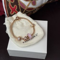 Pandora Rose Gold and Pink Bracelet Snake Chain Design pre owned  charms