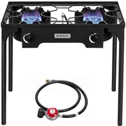 ROVSUN 2 Burner Outdoor Propane Gas Stove with Regulator, High Pressure 150,000 BTU Stand Cooker for Backyard Cooking Camping Home Brewing Canning Tur