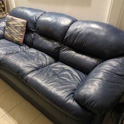 Navy Genuine Leather Sofa And Chair