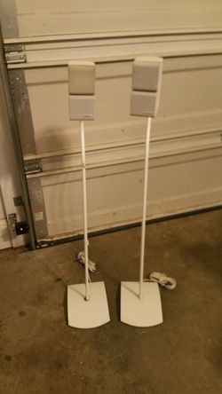 Two Bose miniature double cube speakers with stand White