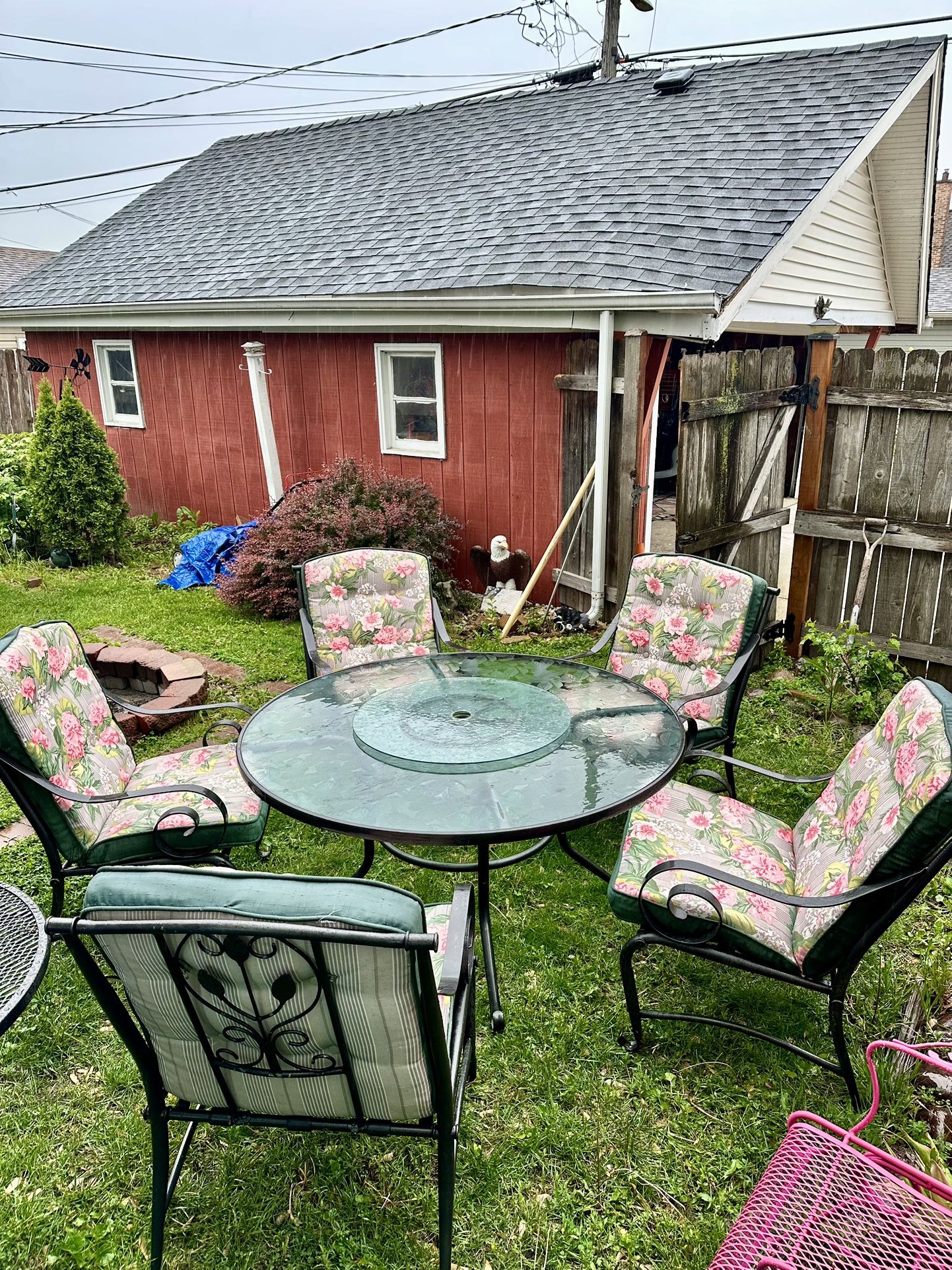 Patio Set, Table Is 54” Diameter, With Lazy Susan, 5 Heavy Duty Chairs With New Thick Cushions