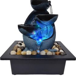 Indoor Tabletop Water Fountain, Resin Zen Meditation Waterfall Fountain with ON/Off Switch, Indoor Waterfall Feature with Color LED Light for Home Off