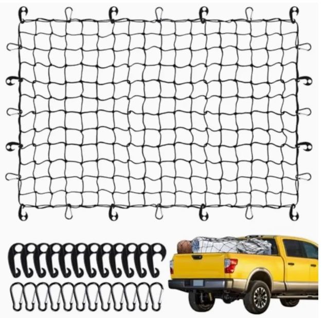 Heavy Duty Cargo Net for Pickup Truck Bed - 4' x 6' Stretches to 10' x 15' - Bungee Net Mesh with 24 Clips - Compatible with Ford, Chevy, Dodge Ram,