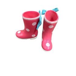 Vtg Squishy Mattel Barbie or Skipper Doll Size Boots - Pink Polka Dot Rain Boots