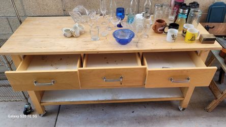 Wood Rolling Workbench with 3 Drawers and Butcher Block Top