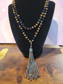 Crystal Tassel Smoky Brown and Black Faceted Beaded Necklace 36" F8 