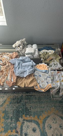 BRAND NEW Baby boy bundle 6-9MO onsies, pj’s, outfits, hats, towels, nunu security blanket
