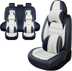 Luxury Car Seat Covers for Toyota Venza 2009-2025,Waterproof Soft Breathable PU Leather Seat Cover with Storage Pockets(Blue&White,Full Set with Pillo