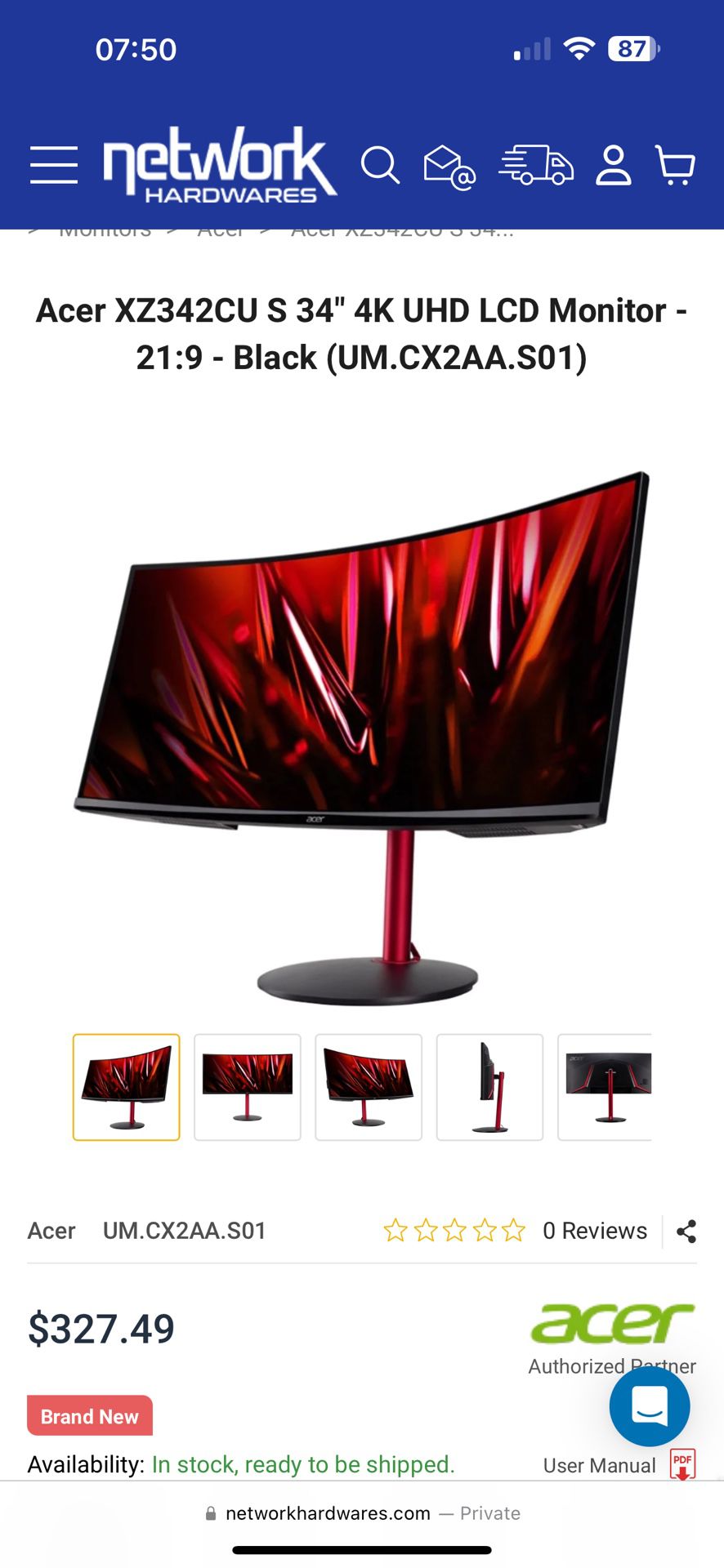 Acer 34" 4K Curved UHD LCD Monitor