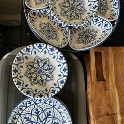 Lazy Susan/Chip & Dip  White & Blue  Divided Trays Including Lid Bowl & Plates 