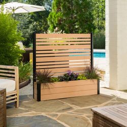 Privacy fence screen with planter box for ac unit exterior