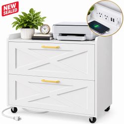 White File Cabinet w/ 2 Drawers, USB & Power Outlets